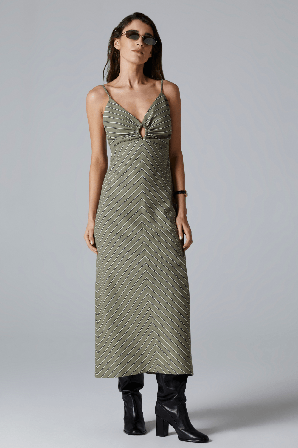 VESTIDO LISTRADO COM FRANZIDO-CINZA ESVERDEADO P - CINZA ESVERDEADO - 316055